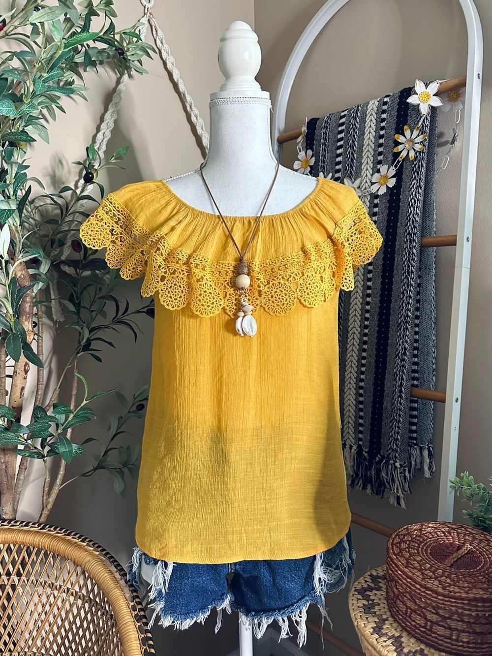 NWT PerSeption Concept Mustard Yellow Lace Off Shoulder Boho Top S
